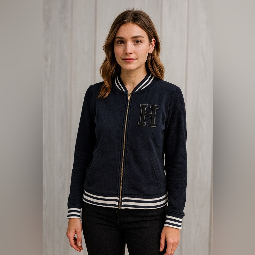 Vintage Y2K Tommy Hilfiger Letterman Bomber 100% Cotton Navy White Stripe S​